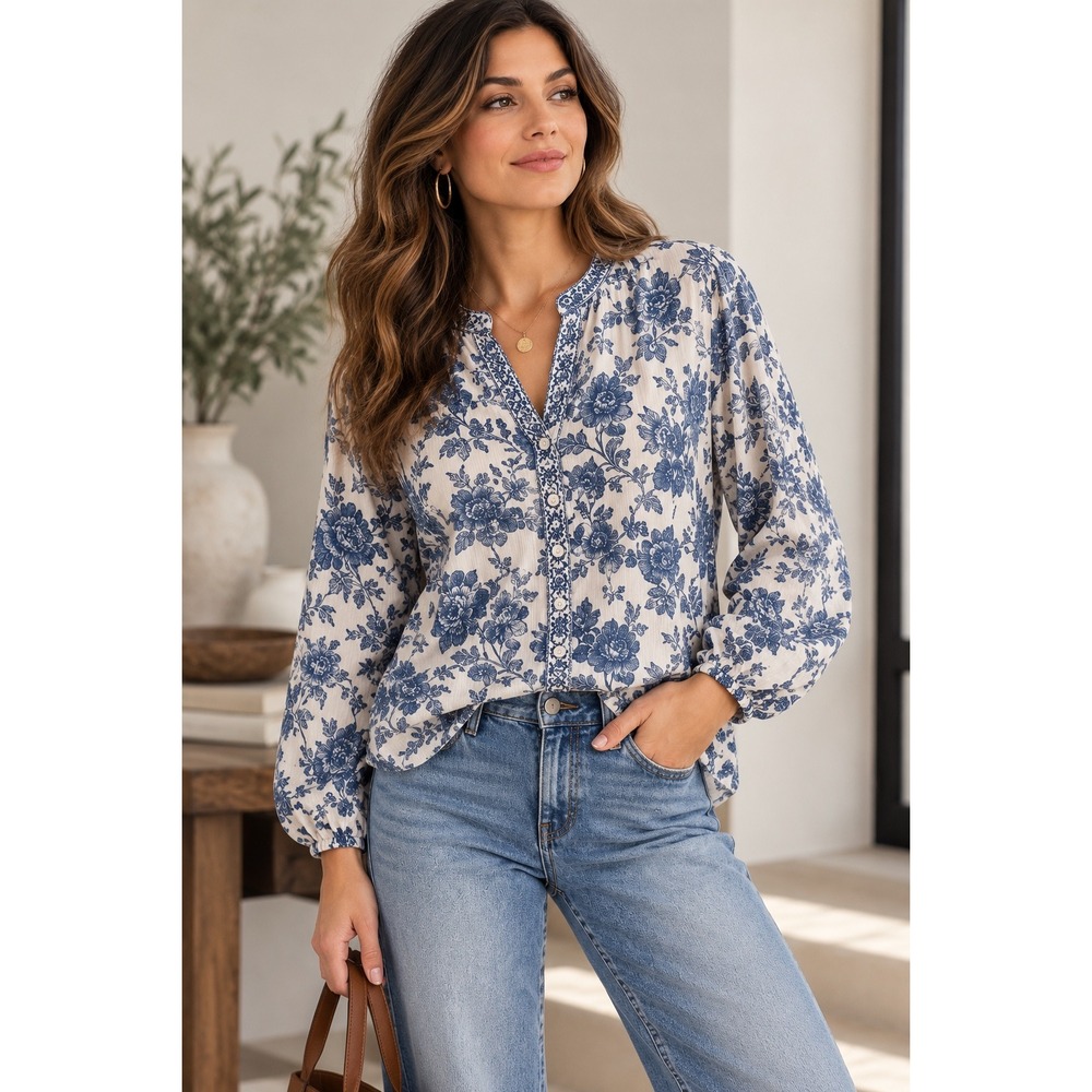 Lucky Brand Blue Floral Toile Print Button Front Blouse Boho Long Sleeve Top